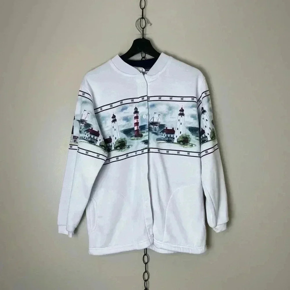 Vintage Lighthouse Wrap Around Print Button up Sweatshirt - Picture 1 of 5